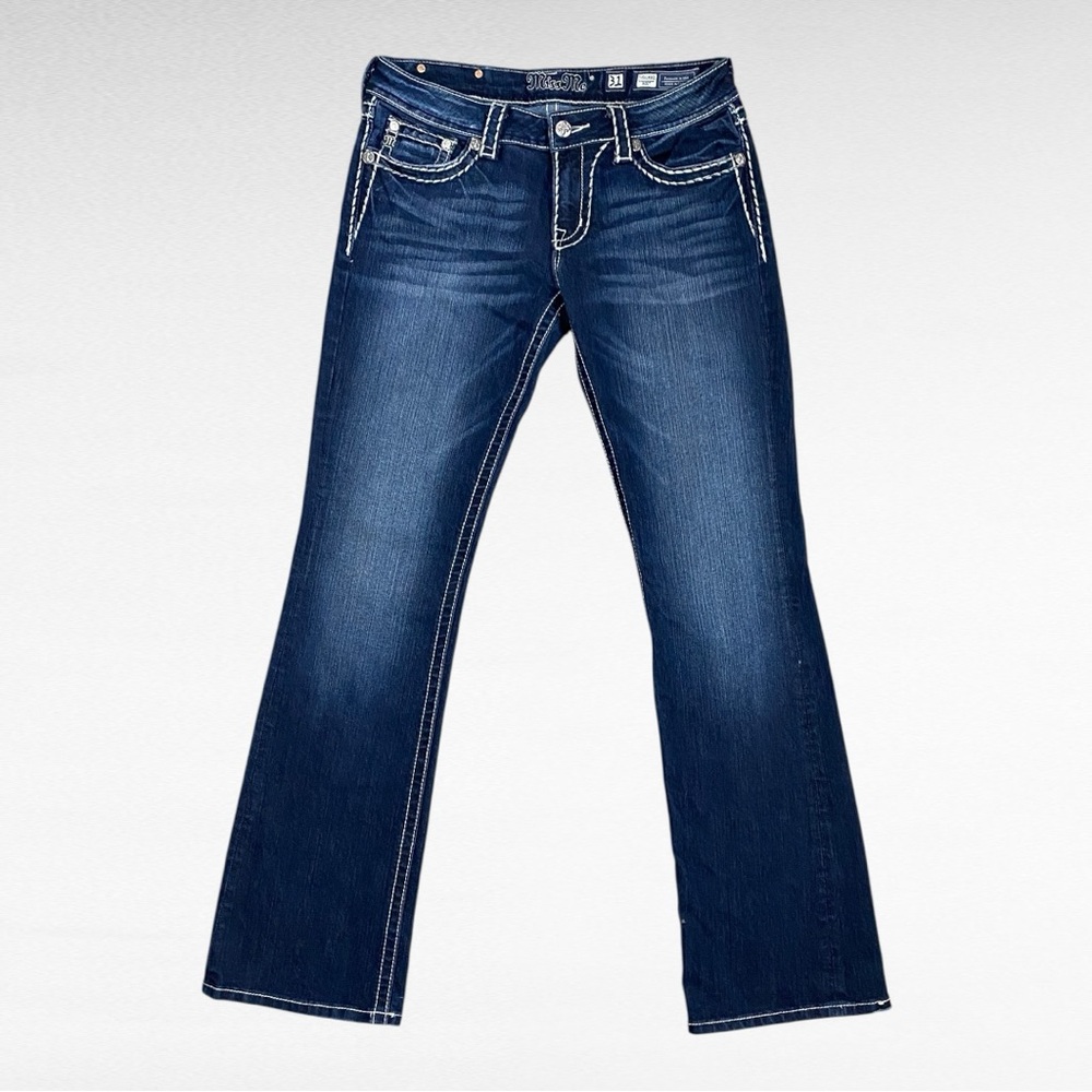 Miss Me | Blue Wash Denim Embellished Flap Pockets Iconic Bootcut Western Jeans